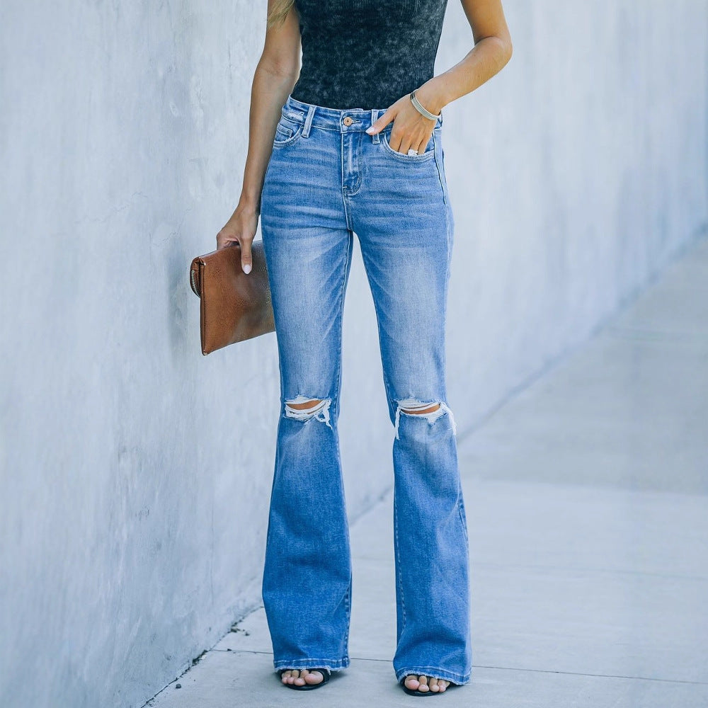 Women's Flared Jeans with Distressed Details and High Waist