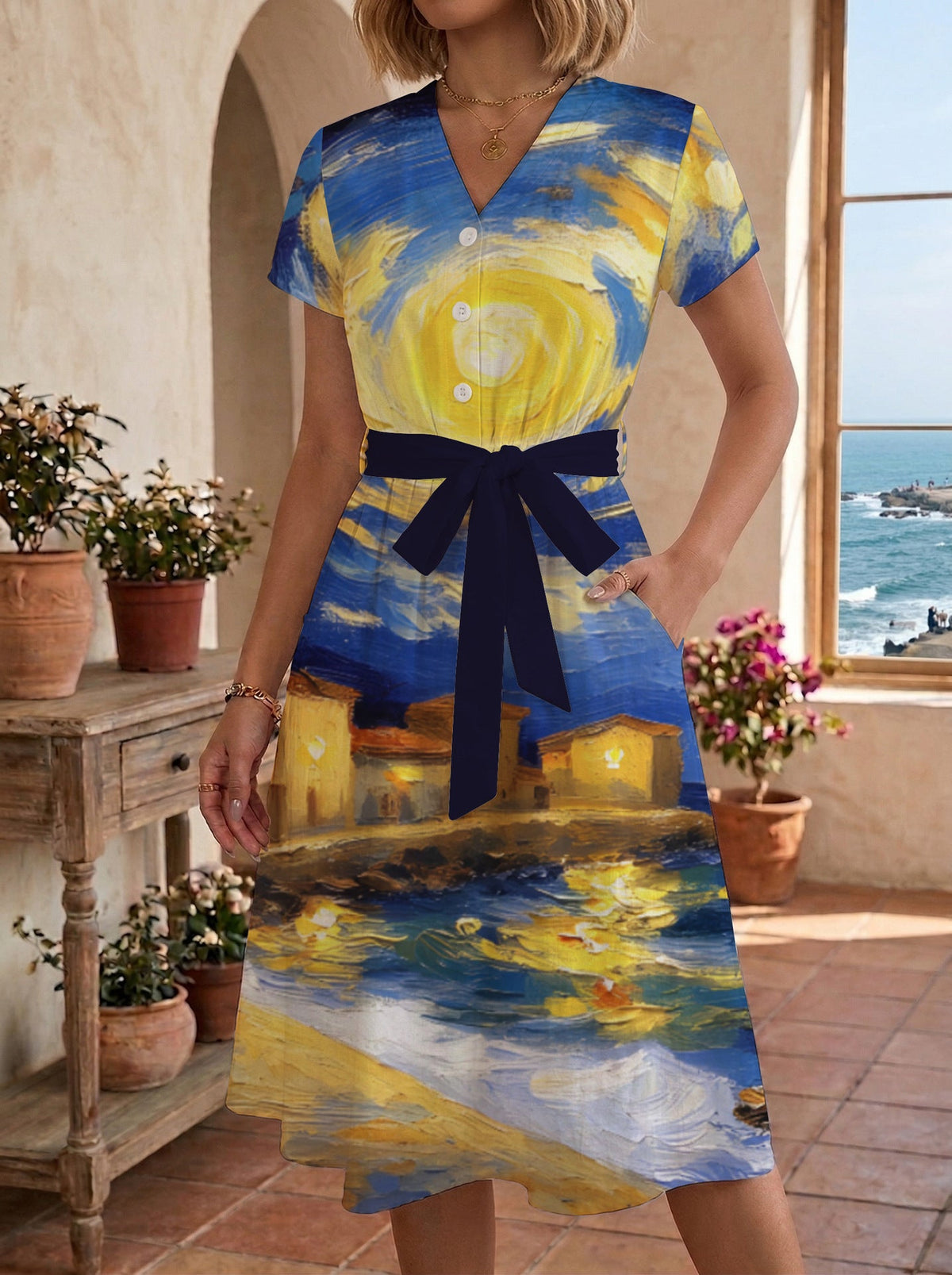 Women's Floral Midi Dress with Adjustable Belt