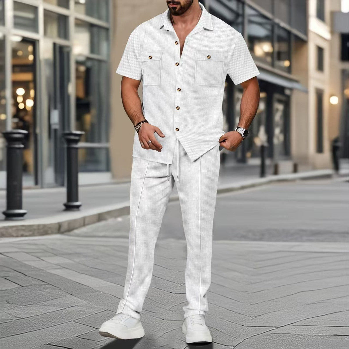 Men's Casual Tracksuit with Camp Shirt and Drawstring Pants