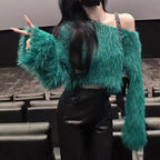 Women's Fluffy Off-Shoulder Long Sleeve Pullover