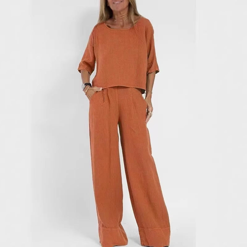 Women's Casual Linen Suit Set with Wide-Leg Pants and Cropped Top