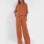Women's Casual Linen Suit Set with Wide-Leg Pants and Cropped Top