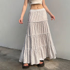 Women's Maxi Skirt with Floral Ruffle Details and Elastic Waistband