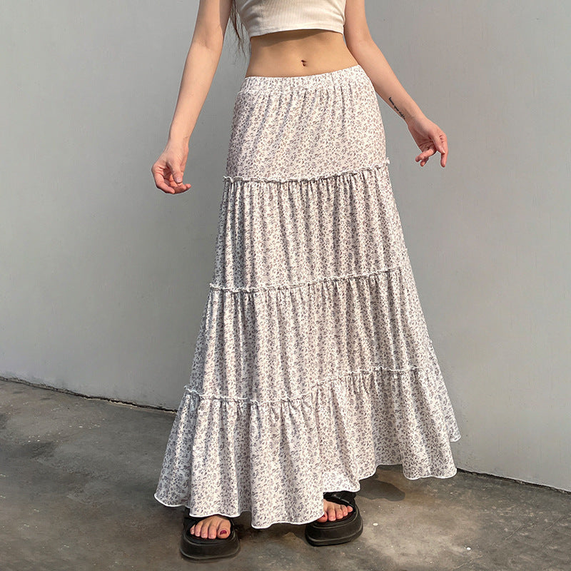 Women's Maxi Skirt with Floral Ruffle Details and Elastic Waistband