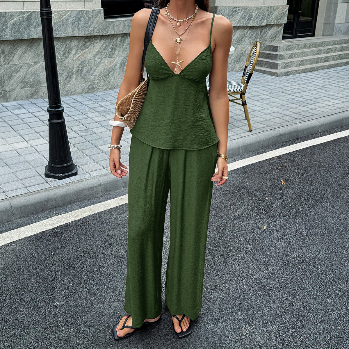 Women's Airy Two-Piece Set with Thin Straps and Wide-Leg Pants