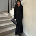 Elegant Women's Two-Piece Set with Flowing Top and Floor-Length Skirt