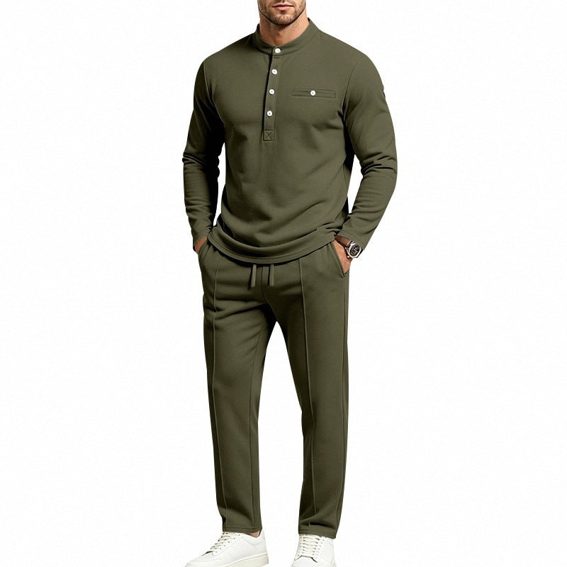 Men's Two-Piece Leisure Set with Henley Long Sleeve Shirt and Jogging Pants