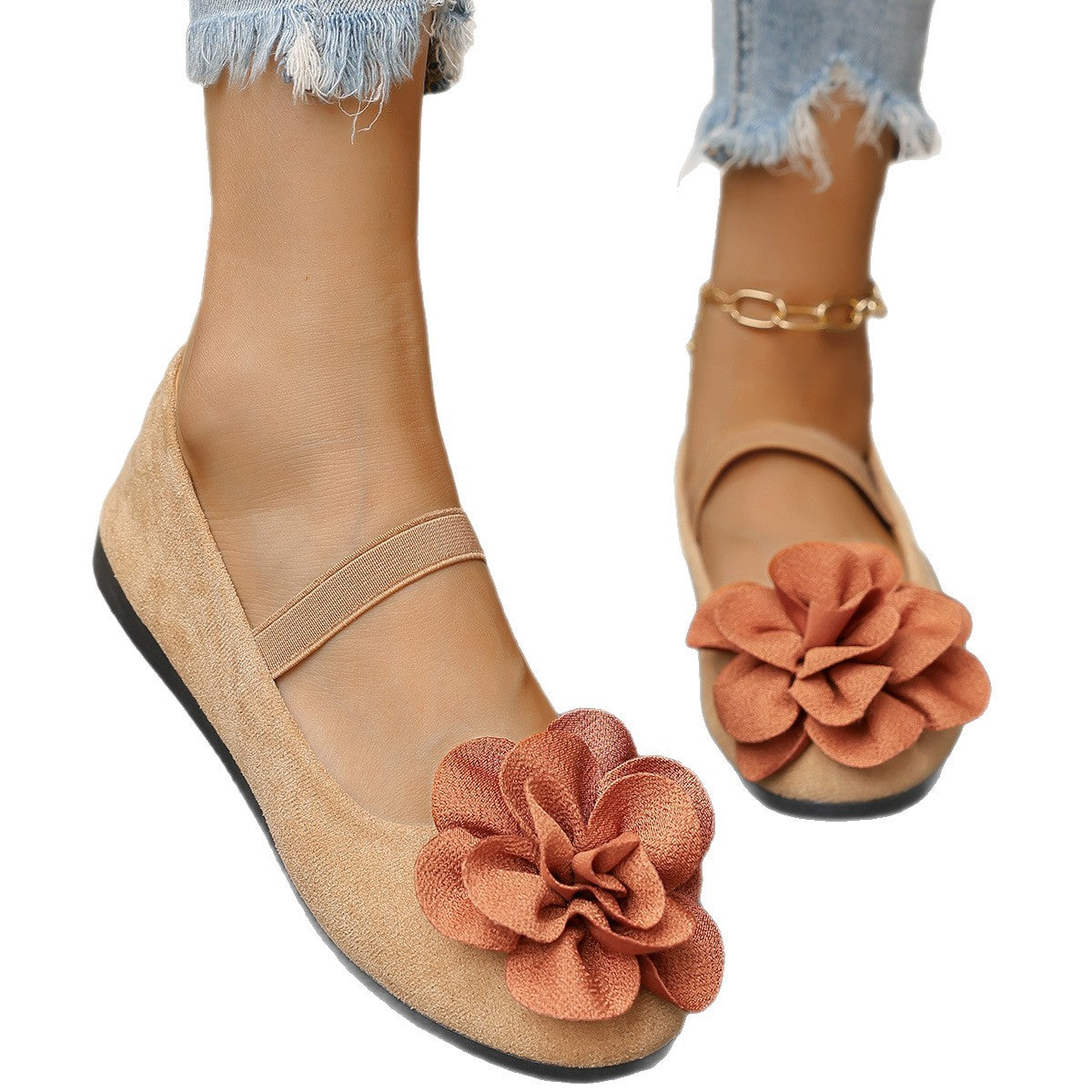 Women's Ballet Flats with Floral 3D Flower Design and Elastic Strap
