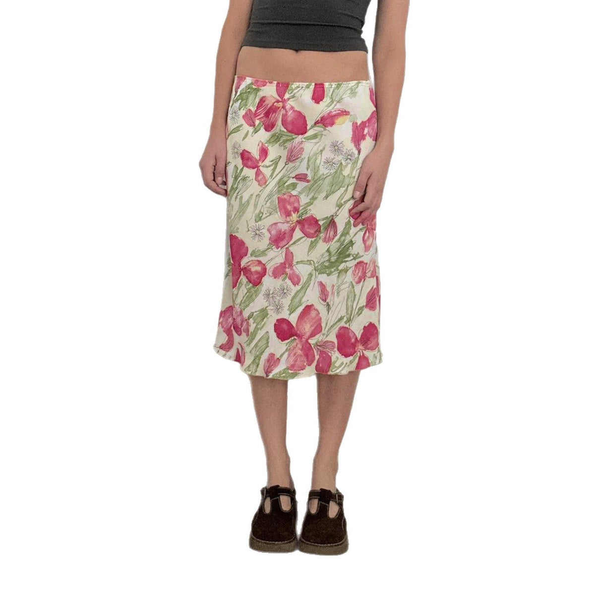 High-Waisted Flared Midi Skirt with Floral Watercolor Print