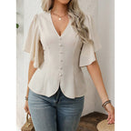 Women's Blouse with Flowing Sleeves and V-Neck
