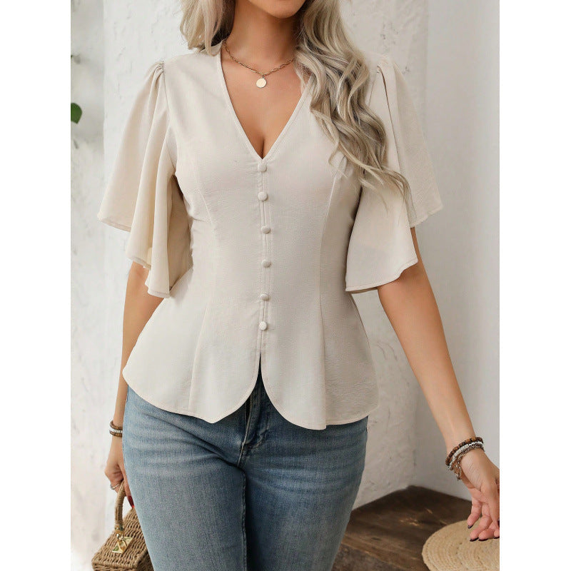 Women's Blouse with Flowing Sleeves and V-Neck