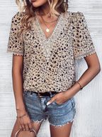 Women's V-Neck Blouse with Delicate Lace Accents