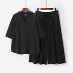 Women's Casual Linen-Viscose Lounge Set with Stand Collar Top and Wide Palazzo Pants