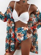 Women's Swimwear Set with Sheer Cover-Up and Floral Print