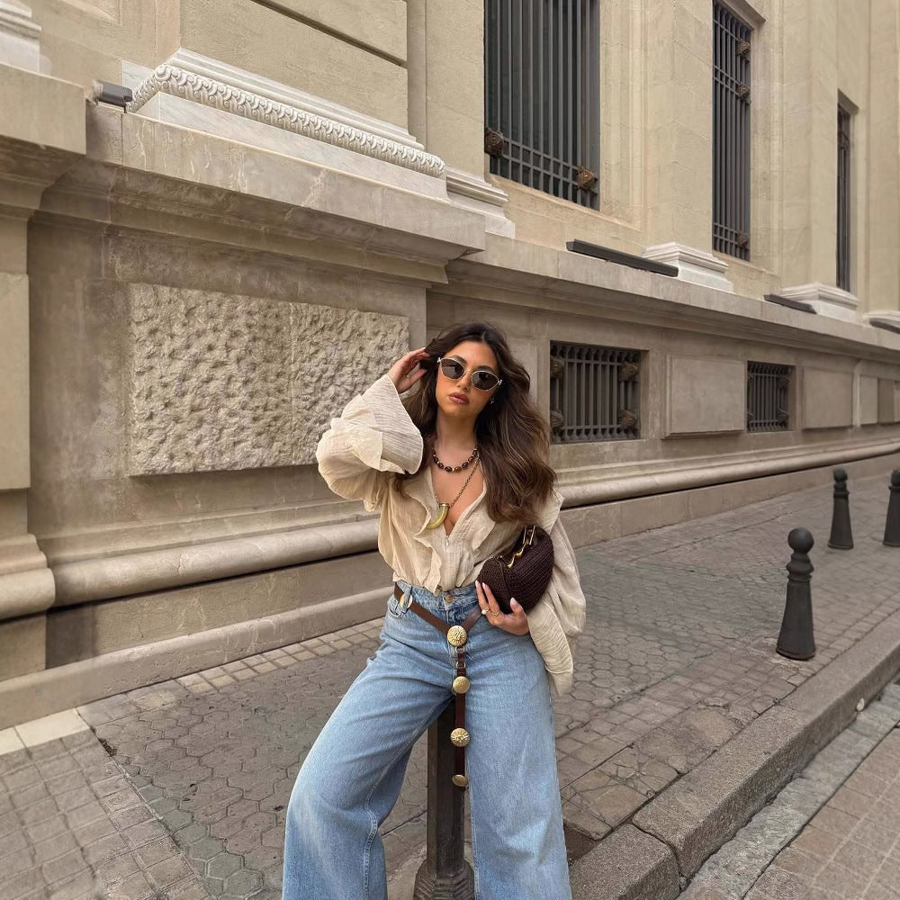 Women's Blouse Shirt with Voluminous Ruffle Sleeves and Back Zipper