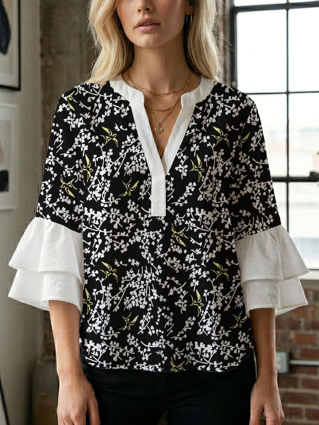 Women's Blouse Shirt with Voluminous Sleeves and Creative Print Design