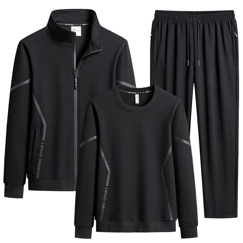Men's Three-Piece Performance Training Set with Stand Collar Zip Jacket, Round Neck Sweater & Tapered Jogging Pants