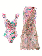 Women's Swimsuit with Ruffles and Matching Wrap Skirt