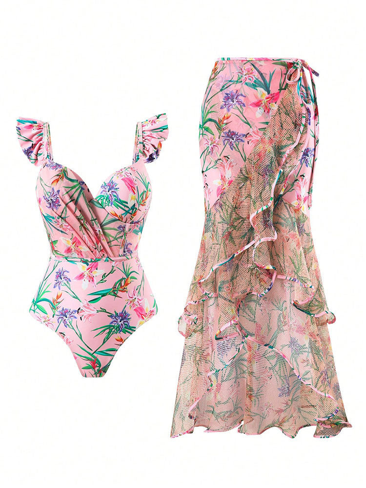 Women's Swimsuit with Ruffles and Matching Wrap Skirt
