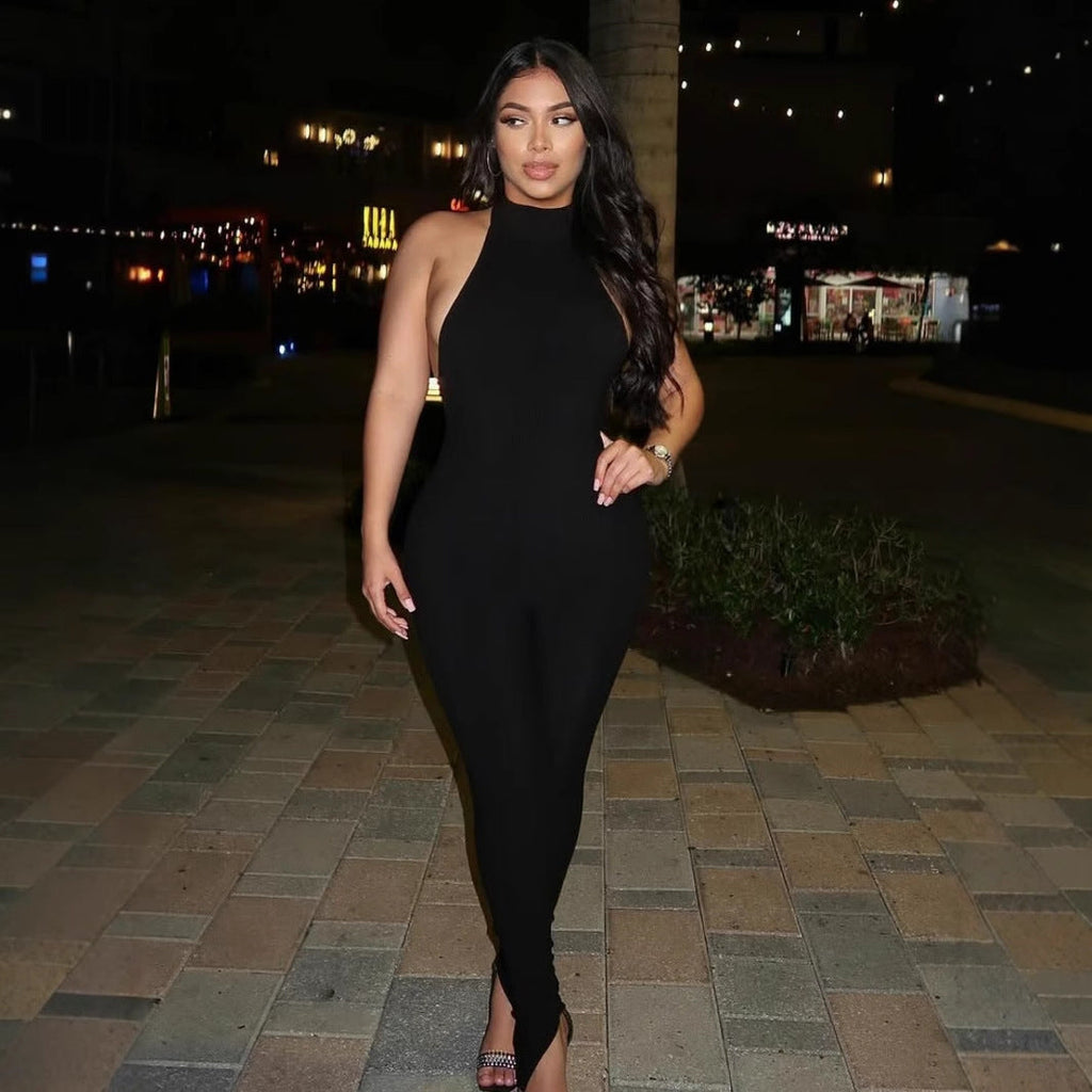 Women's Form-Fitting High-Neck Ribbed Jumpsuit