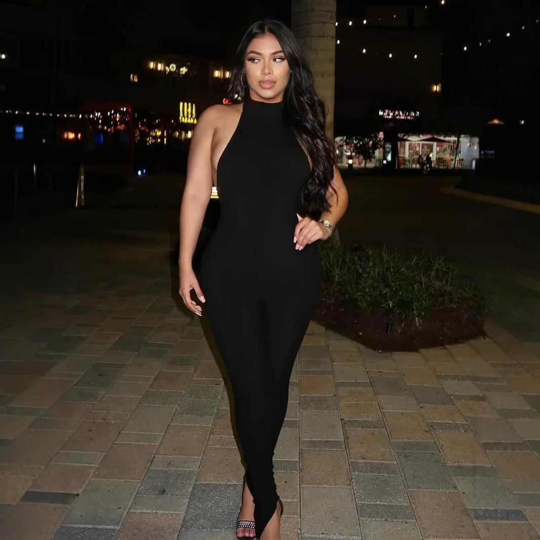 Women's Form-Fitting High-Neck Ribbed Jumpsuit
