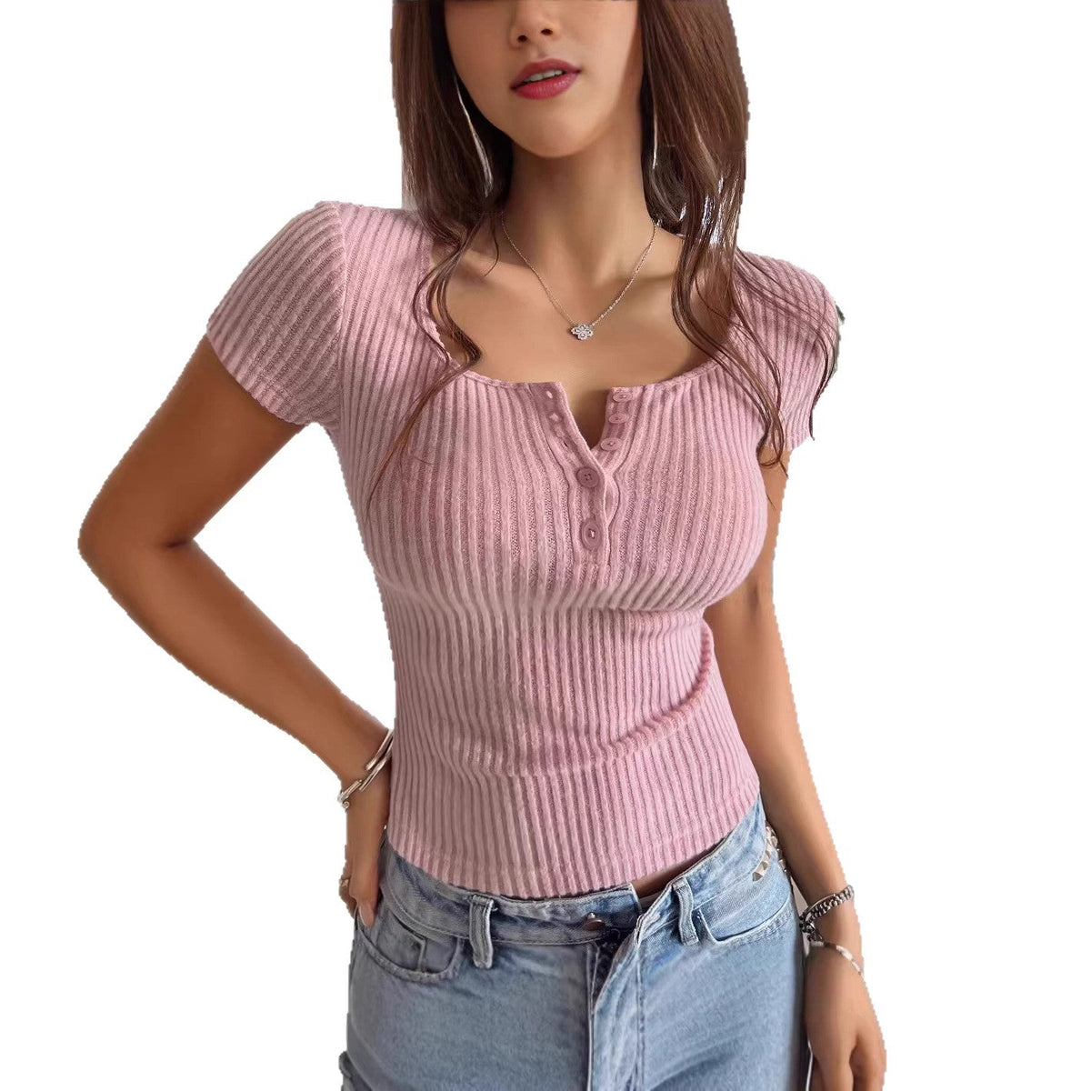 Women's Fitted Short-Sleeve Ribbed Shirt with Button Placket