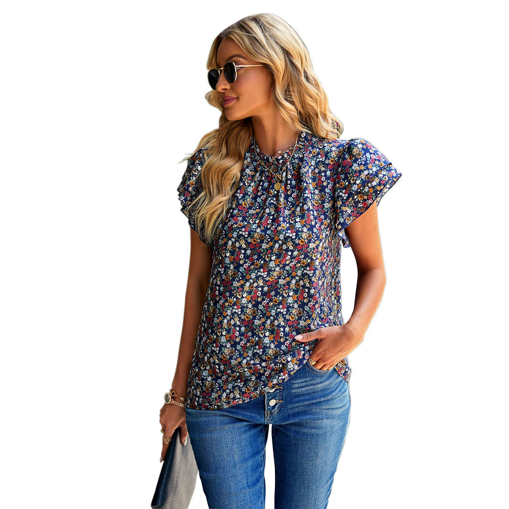 Women's Blouse with Floral Design and Ruffle Details