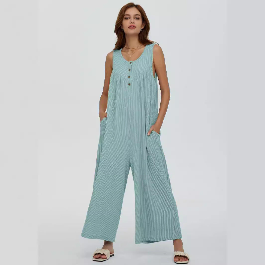 Women's Casual Overall with Deep Neckline and Pockets