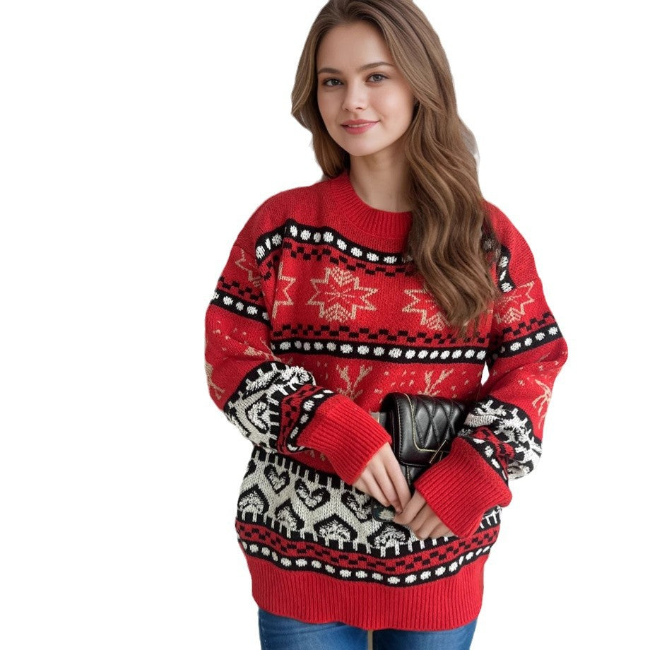 Women's Festive Knit Sweater with Reindeer Motif and Detailed Pattern