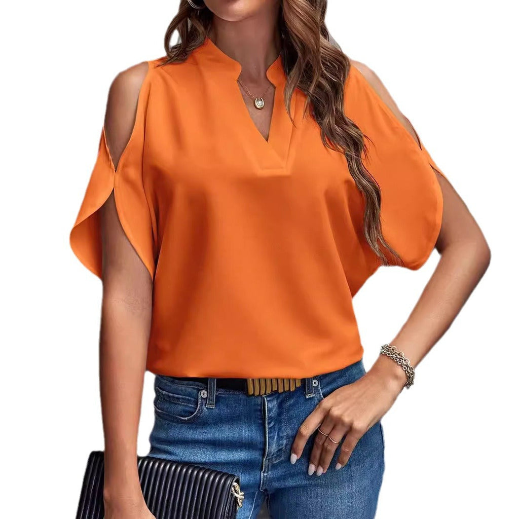 Women's Blouse with Cut-Out Sleeves and Elegant Stand-Up Collar