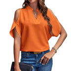 Women's Blouse with Cut-Out Sleeves and Elegant Stand-Up Collar