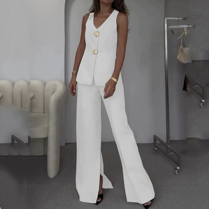 Two-Piece Suit Set with Deep V-Neck