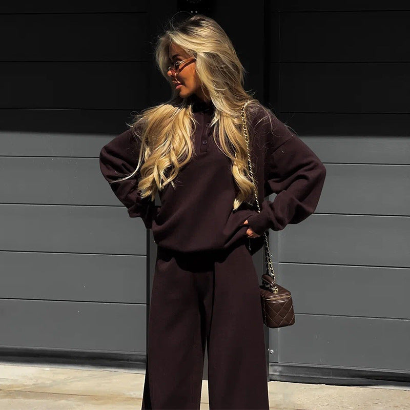Women's Loungewear Combination with Loose Polo Shirt and Wide Pants
