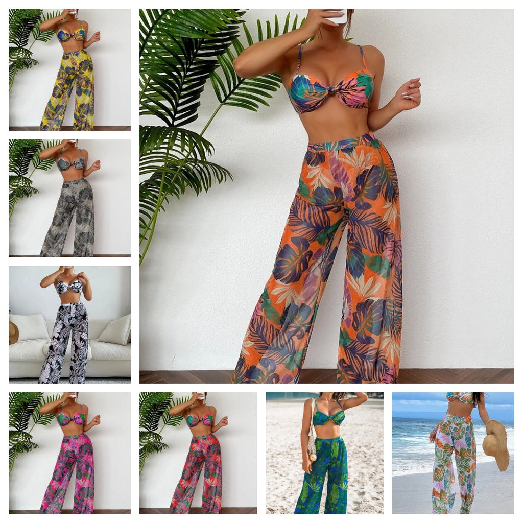 Women's Swim Set with Floral Design and Loose Palazzo Pants