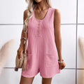 Women's Short-Sleeve Jumpsuit with Button Details and Practical Pockets
