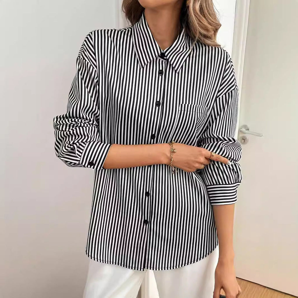 Women's Long Sleeve Striped Blouse with Back Detail