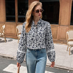 Floral Tunic Blouse with Tie Neck and Lace Details