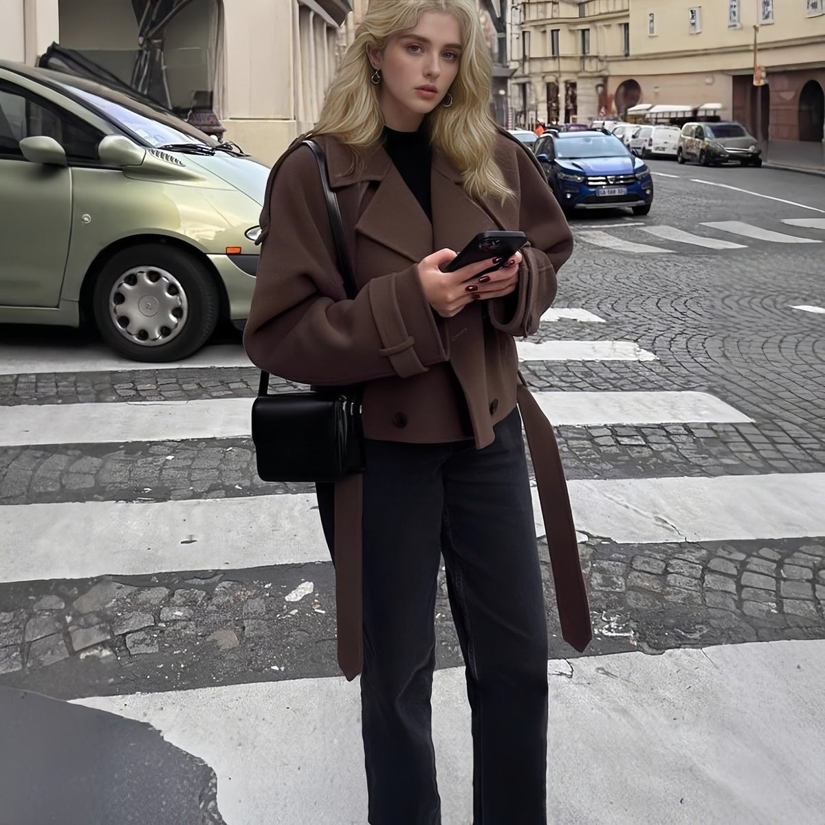 Women's Cropped Wool Coat with Double-Breasted Buttons