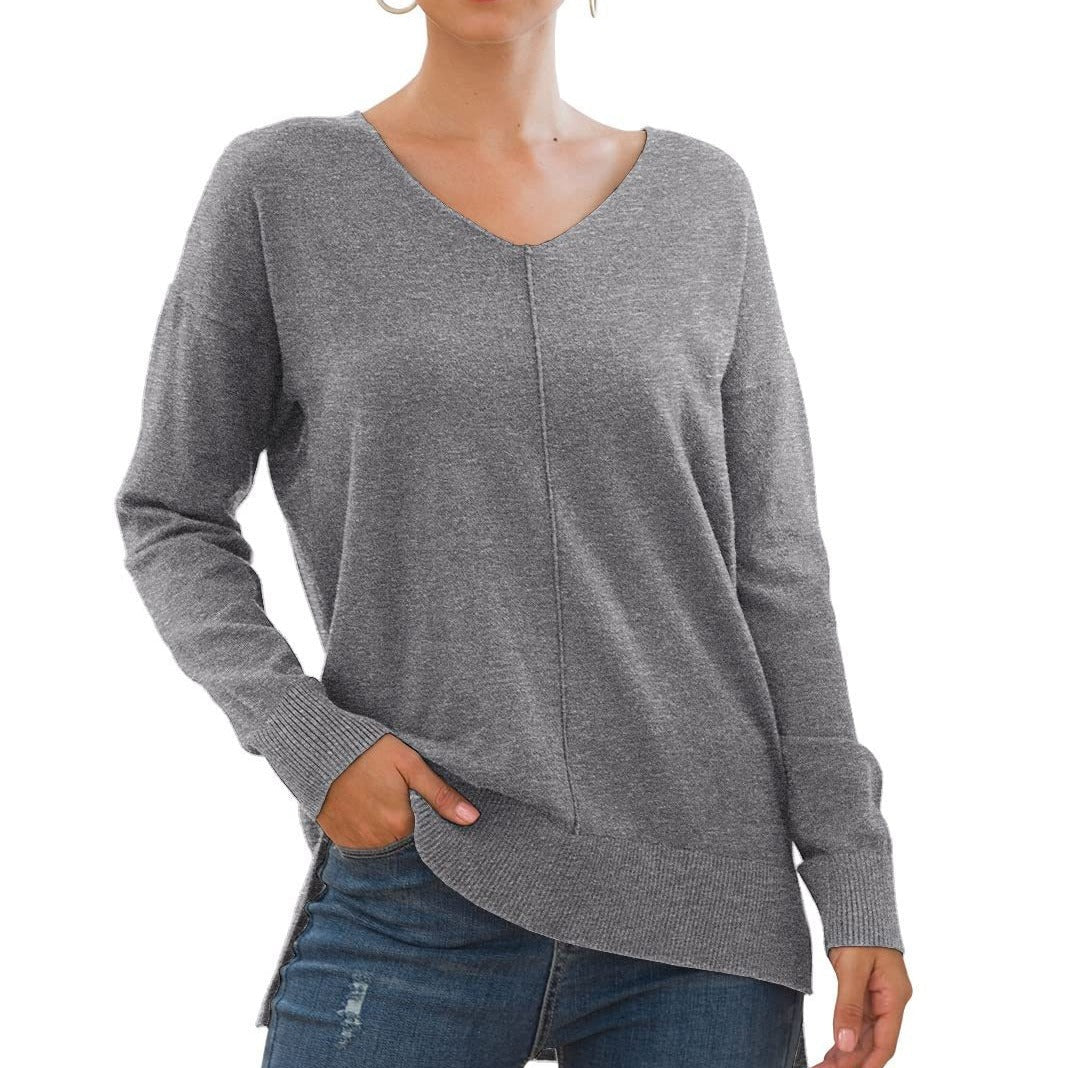 Elegant V-Neck Sweater with Asymmetrical Hem