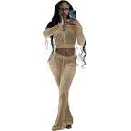 Women's Comfortable Velour Lounge Set with Zip-Up Top and Wide Leg