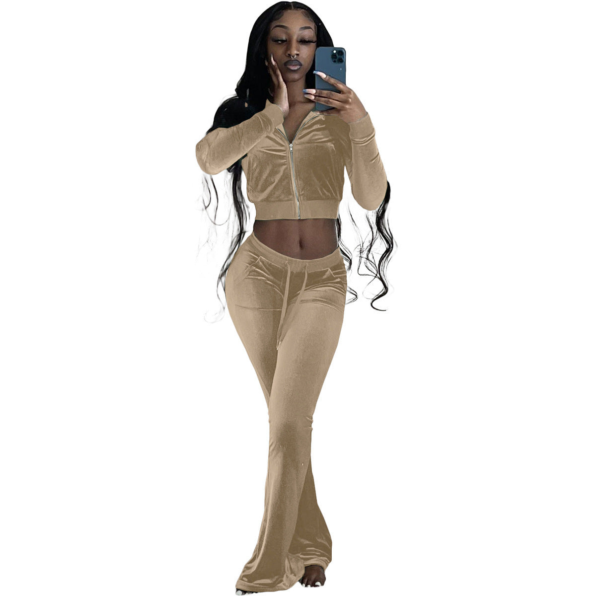Women's Comfortable Velour Lounge Set with Zip-Up Top and Wide Leg