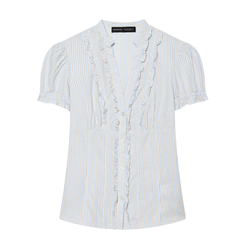 Women's Blouse with Ruffle Details and Fine Stripes