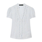 Women's Blouse with Ruffle Details and Fine Stripes