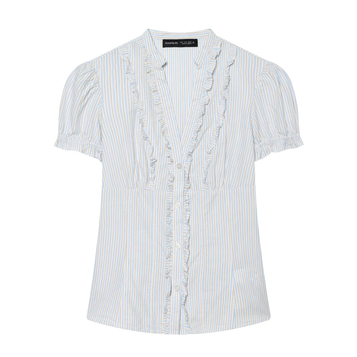 Women's Blouse with Ruffle Details and Fine Stripes