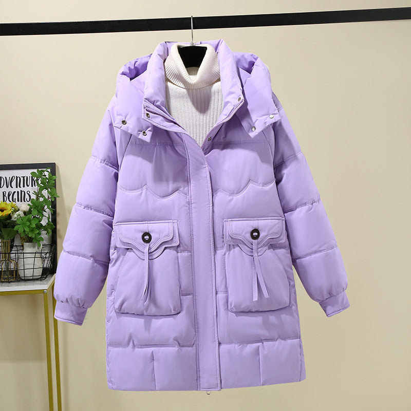 Women's Long Puffer Jacket with Practical Hooded Collar and Large Pockets