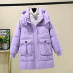 Women's Long Puffer Jacket with Practical Hooded Collar and Large Pockets