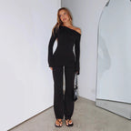 Women's Elegant Knit Set with Off-Shoulder Top and Wide Pants
