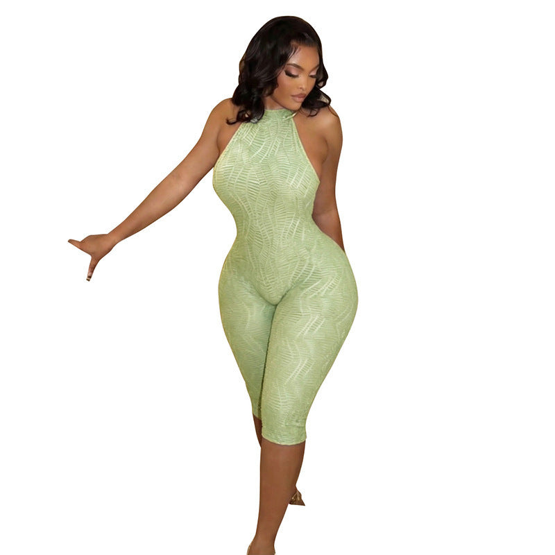 Women's Form-Fitting Halterneck Jumpsuit with Textured Detail