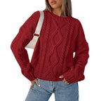 Women's Chunky Knit Sweater with Wave Pattern and Wide Cut