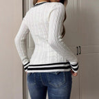 Women's Fitted V-Neck Sweater with Stripes